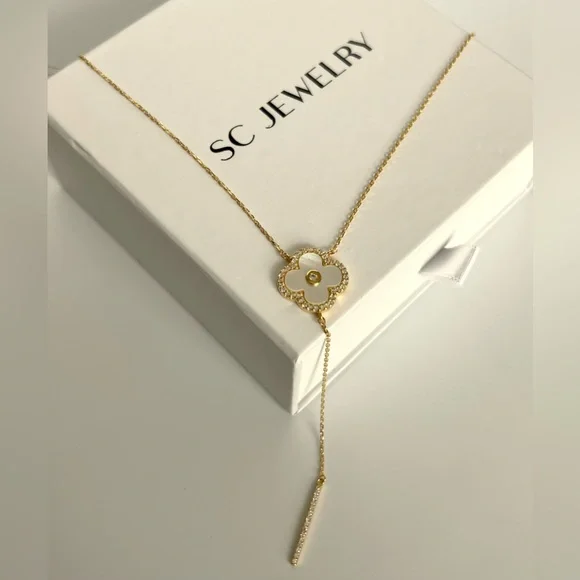 Rachel Zoe Clover Necklace Y Chain Zirconia Mother of Pearl 14k Gold Color - Picture 4 of 7